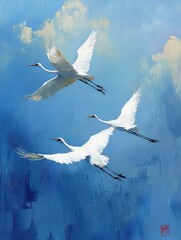 Fototapeta premium Three White Cranes in Flight