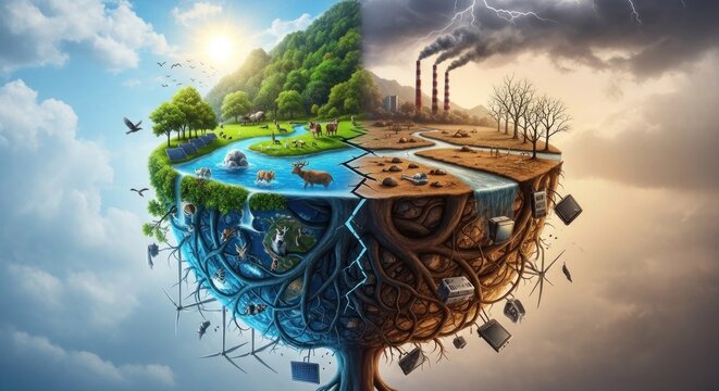 A surreal, two-dimensional island with a mix of lush greenery and industrial structures, set against a dramatic sky with clouds and sun, featuring a mix of natural and man-made elements.