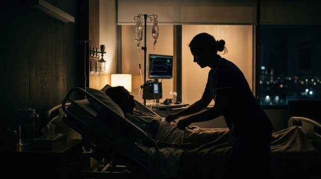 Professional nurse caring for a patient in a hospital bed during a night shift at clinic
