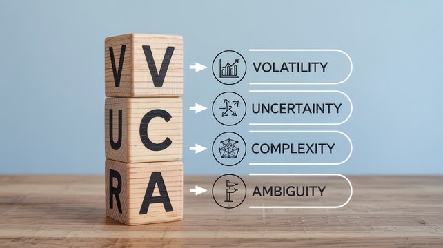 Wooden blocks display VUCA acronym with icons and explanations for business strategy
