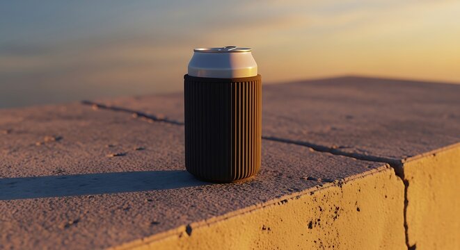 A single beverage can sitting on a concrete ledge in the bright afternoon sun. beer can koozie