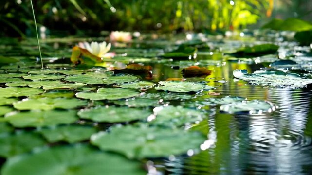 Tranquil pond with lily pads and rippling water