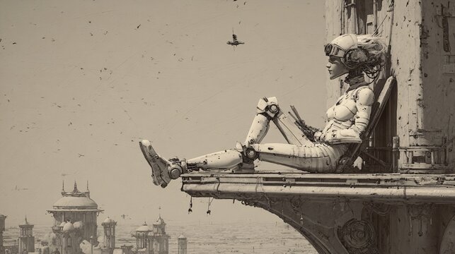 Woman Cyborg on High Ledge Viewing Futuristic City