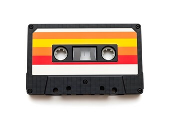 Fototapeta premium Retro audio cassette tape with vintage rainbow stripes on black plastic housing isolated on white