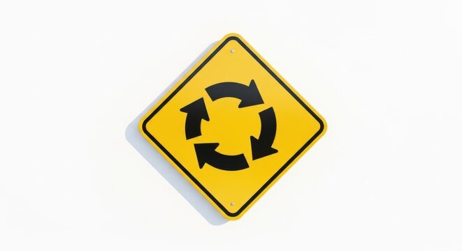 Yellow roundabout traffic sign isolated on white background