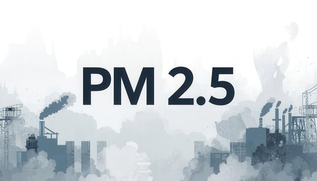 PM 2.5: Atmospheric illustration showing the presence of fine particulate matter, conveying the effects of air pollution from industrial sources.