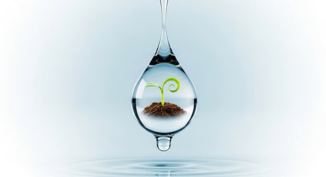 A water droplet with a sprout inside, suspended in mid-air against a light blue background.