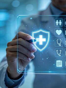 Digital health insurance and medical protection concept with business professional verifying healthcare coverage policy on interface, representing safety, family protection, healthcare benefits