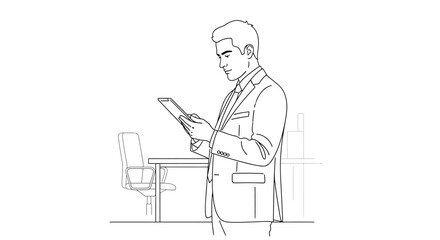 Fototapeta premium Businessman reading documents standing up straight.
