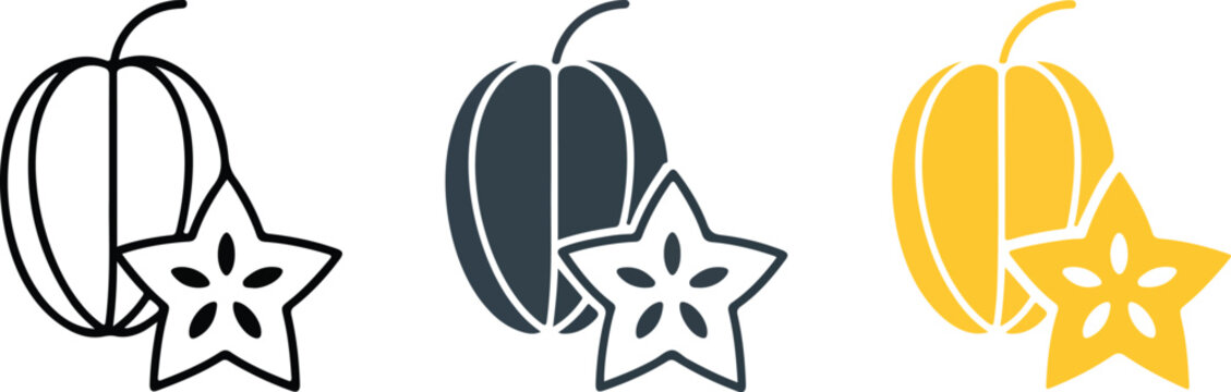 Minimalist starfruit carambola vector icon set featuring line art silhouette and flat yellow color styles for exotic tropical fruit food branding.