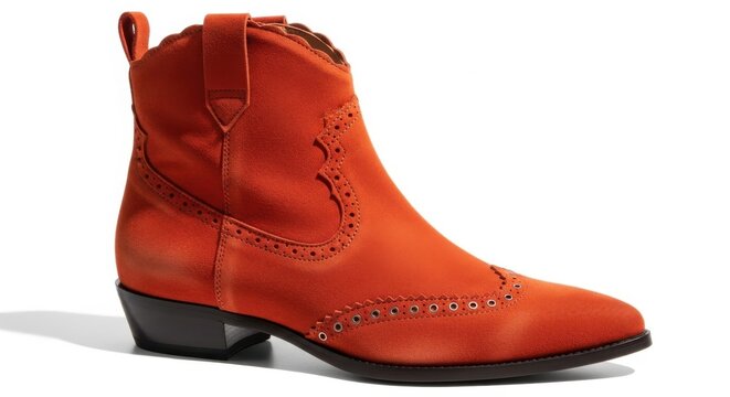Orange suede western ankle boot with brogue detailing