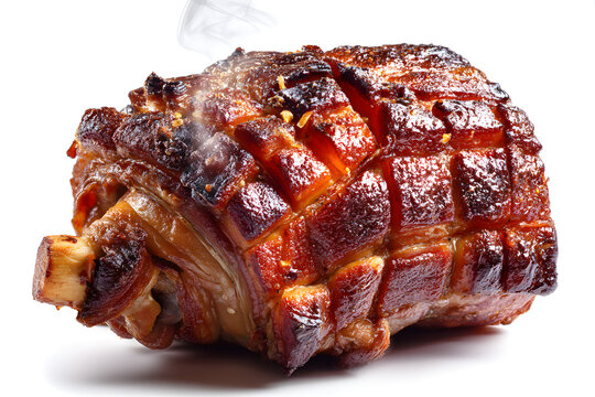 Whole Roasted Bavarian Pork Knuckle Schweinshaxe Perfectly Cooked with Crispy Skin and Juicy Meat Isolated on White Background
