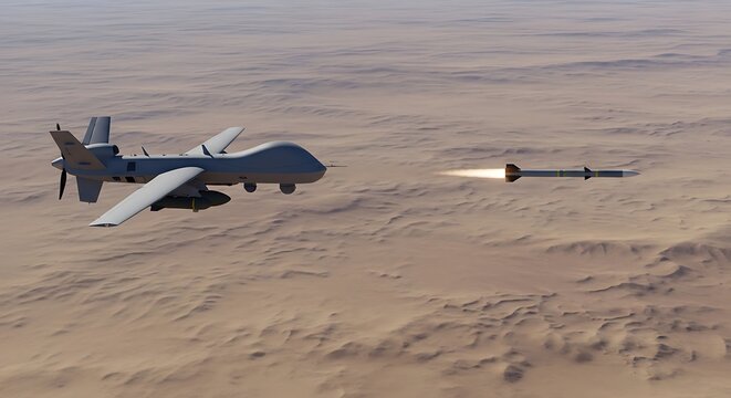 An unmanned aerial vehicle (UAV) drone fires a missile over a vast desert landscape, showcasing modern military technology and aerial combat.