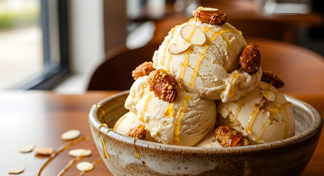 Honey Almond Vanilla Ice Cream Scoops with Caramel Drizzle in Rustic Bowl &mdash; Es Krim Vanilla Madu Almond dengan Siraman Karamel dalam Mangkuk Rustic