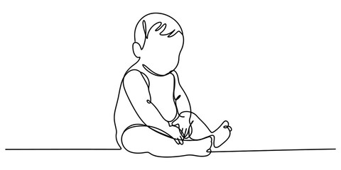 A continuous line drawing of a cute baby sitting on the floor in a minimalist artistic style Vector, illustration © Surjo Stocker_2026