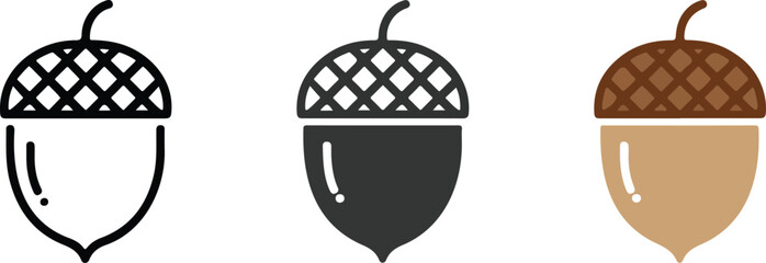 Minimalist acorn nut vector icon set featuring thin line outline silhouette and flat brown color styles for autumn forest and nature branding. © MDESAHAQUE