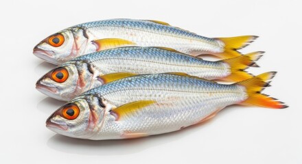 Obraz premium Three fresh raw fish with orange eyes and yellow fins isolated on white background