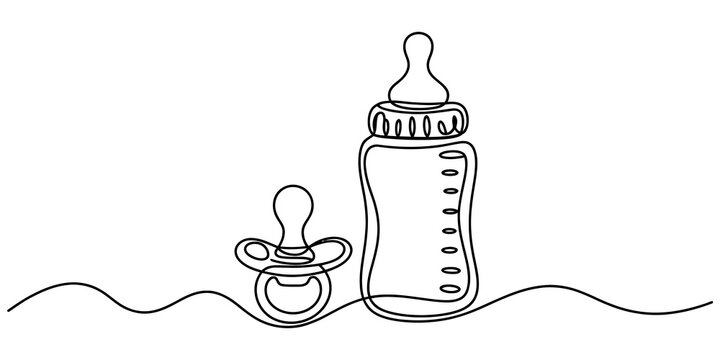 Continuous single line drawing of a baby bottle and a pacifier for newborn infant care products. Vector, illustration