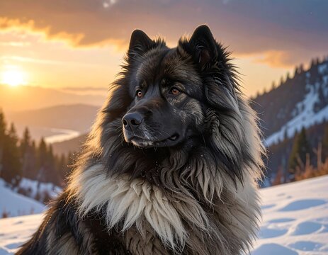 Majestic eurasier dog portrait with scenic winter mountain backdrop at sunset