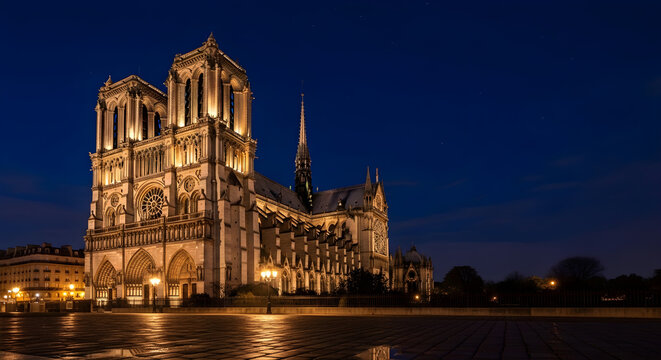 Iconic Notre Dame Cathedral illuminated at night, a historical architectural masterpiece
