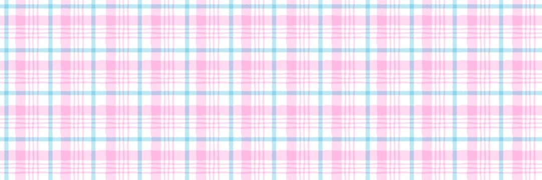 Seamless pastel pink and blue watercolor plaid pattern background. Cute gingham checkered texture for textile, wrapping paper, or wallpaper.
