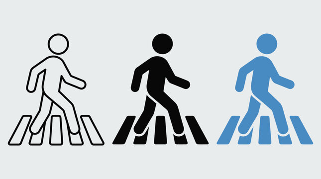 Crosswalk sign. Pedestrian crossing the road icon. Person walking cross the road. Zebra roadsign vector illustration. Man walk symbol. Human safety sidewalk pictogram.