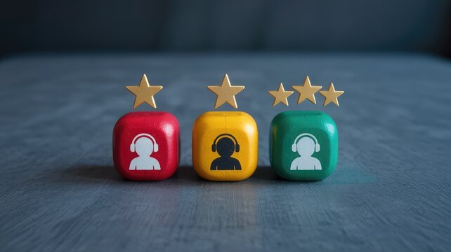 Customer service experience evaluation with colorful blocks golden stars and headphone use