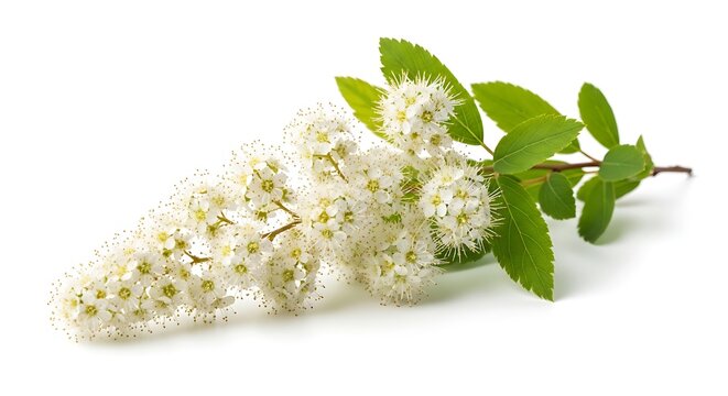 A cluster of small white meadowsweet flowers with detailed green leaves against a pure white studio background