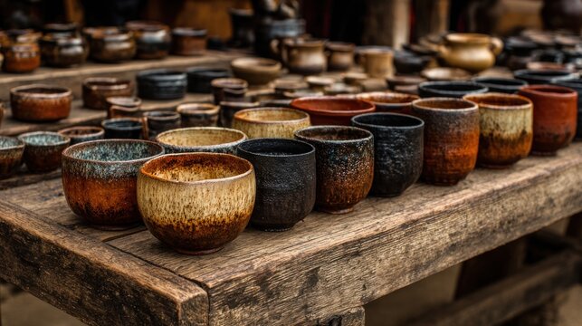 Antique wine bottles and traditional barrels rest alongside terracotta jars and earthenware pottery in a rustic cellar filled with brown ceramic containers and old wood crafts