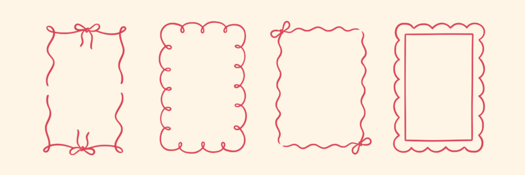 Border hand drawn line frame set. Hand drawn border line frame ribbon bow ornament vintage wedding card. Cute romantic valentine invite decoration elegant love poster design. Vector illustration