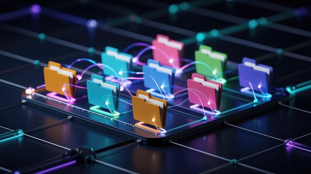 Colorful file folders interconnected on a dark digital network grid glowing with neon ligh