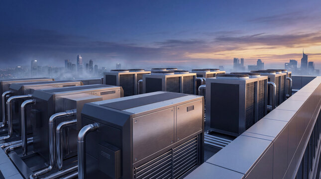 Modern HVAC systems on a building rooftop against a vibrant city skyline at dusk. Essential for urban climate control