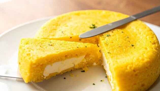 Delicious homemade yellow cornmeal cake with a creamy cheese filling on a white plate.