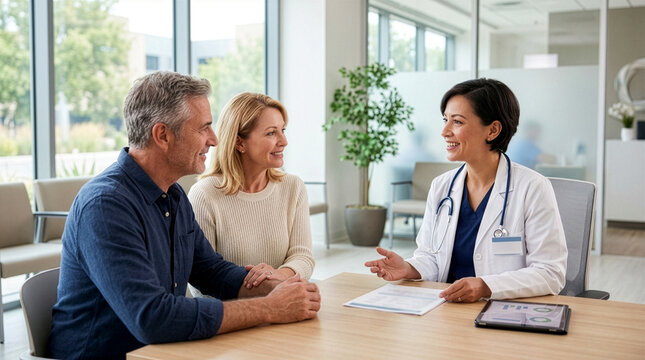 smiling doctor consulting with middle-aged couple in clinic, health insurance concept with patient and family talking to medical professional, friendly doctor explaining treatment plan in modern offic