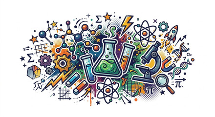 Science and laboratory research vector illustration set. Hand drawn doodle style with chemical beakers, microscope, DNA, atom, and cosmic elements. Colorful creative concept for education, STEM, and t © Yuzma