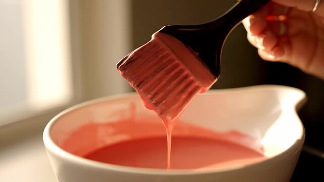 Close-up of a brush dipped in vibrant pink liquid, creating a smooth drip