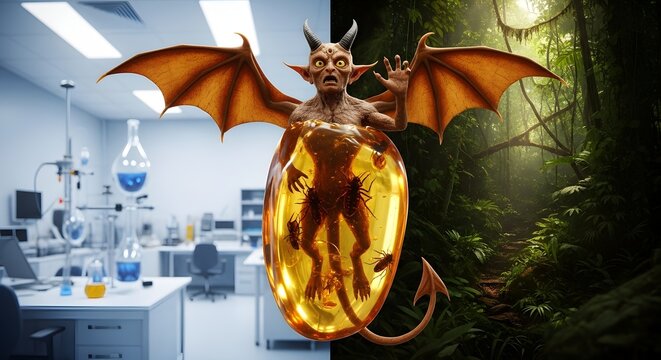 3D rendering of a winged demon gargoyle creature trapped inside a golden amber stone in a science research laboratory. Fantasy prehistory, archaeology, and DNA research concept.