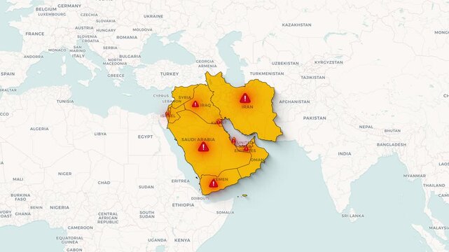 Animated map showing highlighted Middle Eastern countries with pulsing warning symbols in digital motion footage