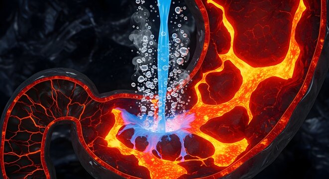 A medical-surrealist masterpiece. This prompt uses the "heartburn" concept from the source image but elevates it into an elemental battle between magma and cool liquid, emphasizing realistic fluid phy