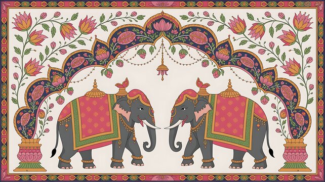 Indian mughal miniature painting depicting a maharaja procession with elephants and attendants