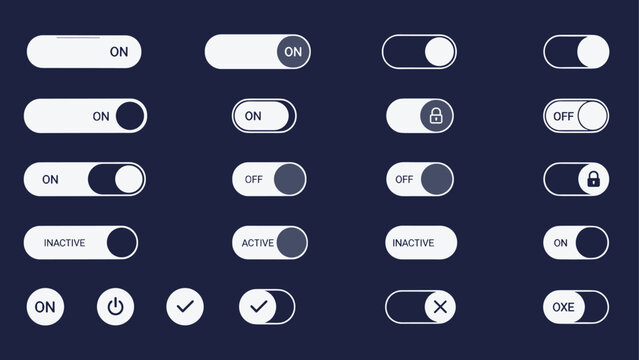 Set of clean white and grey user interface toggle switches with icons for lock power and checkmark on a deep dark blue background.