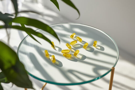투명한 유리 테이블 위의 비타민 영양제 (건강/바이오)