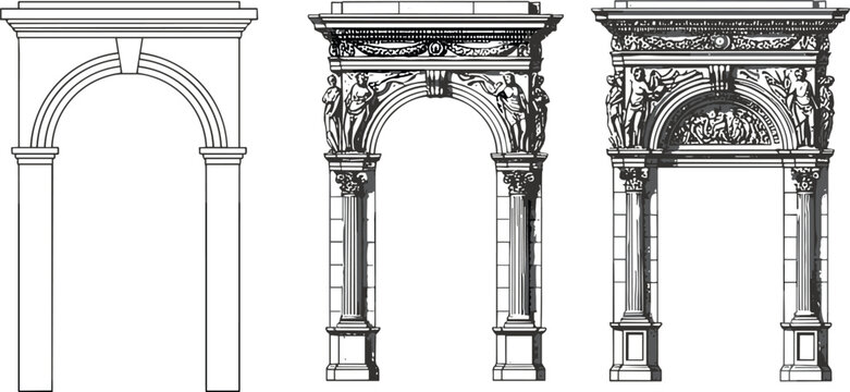 Collection of black and white line art vector illustrations showing three classical roman architectural arches with varying detail