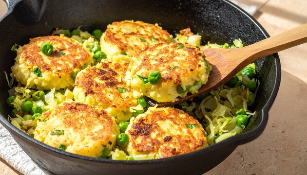 Homemade fish cakes with green peas and cabbage in a cast iron skillet.