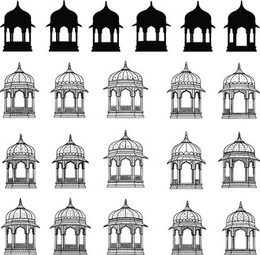 Large collection of Indian chhatri pavilion icons including black silhouettes and detailed hand drawn sketches for traditional architectural design