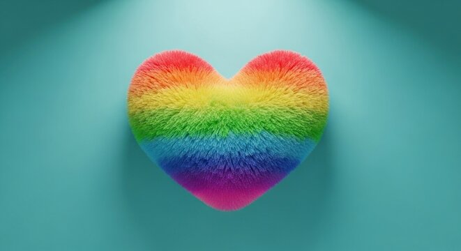 A rainbow-colored heart with a fuzzy texture on a teal background.