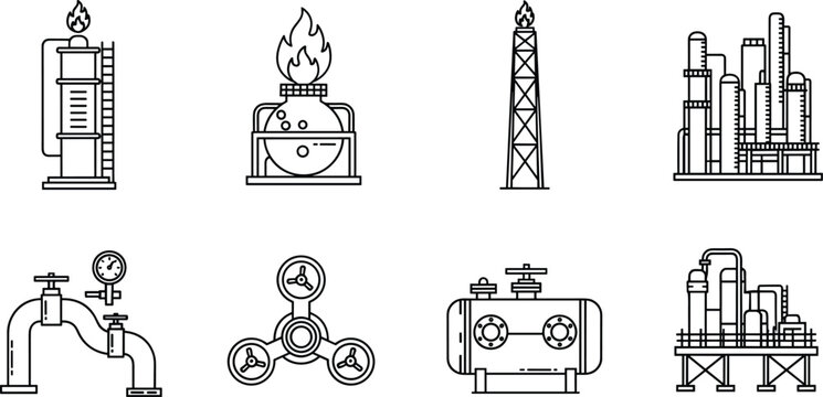Oil and Gas Industrial Icon Set Featuring Refinery Plant Pipelines Storage Tanks Valves And Gas Flare Vector Illustrations.