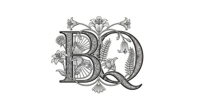 Ornate floral BQ monogram vintage engraved black and white design