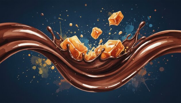 A chocolate wave with caramel pieces splashing through it.