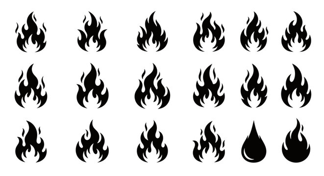 Set of black flame icons arranged in a grid with a single water drop icon.